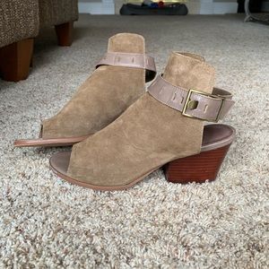 Nicole taupe suede peep toe city heel sandal.